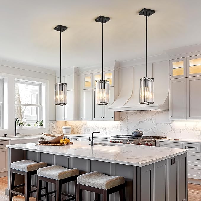 Modern Crystal Pendant Lights Kitchen Island, 1-Light Black Hanging Light with Clear Crystal Shade, Adjustable Height Pendant Lighting for Kitchen Island Dining Room Bedroom Bar Entryway