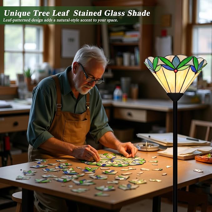 Stained Glass Floor Lamp with Tree Leaf Pattern, Vintage Style Torchiere Floor Lamp, Tall Corner Pole Lamp with Foot Switch, Antique Decorative Standing Reading Light for Living Room Bedroom(E26 Base)