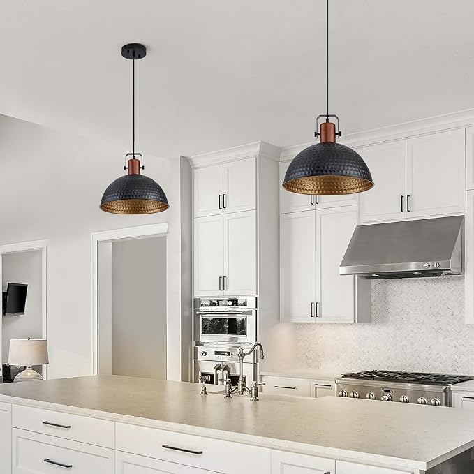 12 Inch Black Pendant Lights Hammered Matte Pendant Lights for Kitchen Island Industrial Farmhouse Adjustable Height Dome Hanging Light Fixtures for Barn, Dining Room 3 Packs