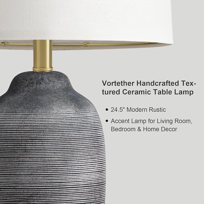 24.5" Vintage Ceramic Table Lamp Single-Rustic Boho Accent Nightstand Lamps for Bedroom, Living Room, Entryway-Small Textured Bedside Lamps, Modern Farmhouse Table Lamps for Home Decor Gray