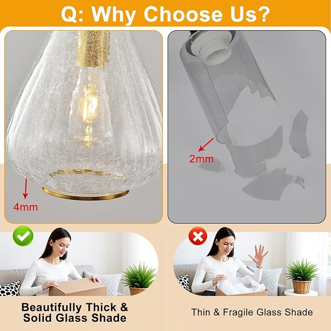 2 Pack Modern Pendant Lights Kitchen Island, Brushed Gold Pendant Light Fixtures with 8.5" Clear Crack Glass Shade, Industrial Hanging Pendant Lights Fixture for Kitchen Island Dining Room Entryway