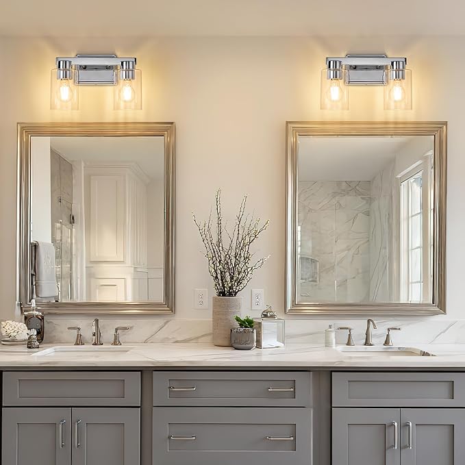 2-Light Bathroom Light Fixtures with Clear Glass, Chrome | Vanity Lights, Modern Wall Sconces, Over Mirror for Bathroom, Powder Room, Living Room