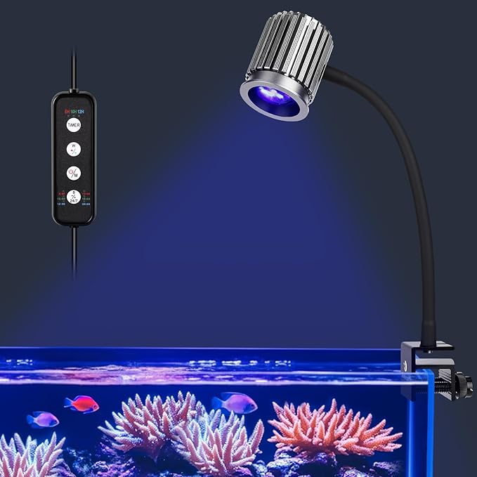fishkeeper Clip On 24/7 Saltwater Aquarium LED Light, 12W Reef Lights for Coral DIY Color/Brightness Fish Tank Light with Timer for Coral Marine Tank Memory Function