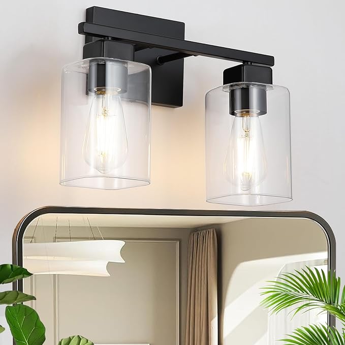 Matte Black 2-Light Bathroom Light Fixtures,Bathroom Vanity Light Over Mirror with Square Clear Glass Shade,Modern Farmhouse Wall Sconces Lighting for Bedroom Living Room Foyer Cabinet