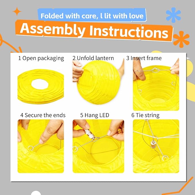 Yellow Chinese Paper Lanterns with LED Lights, 10-Pack 12inch