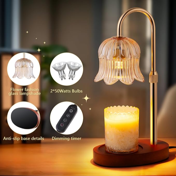CRMILL Candle Warmer Lamp Electric Timer - Vintage Heater Candles Warming Height Adjustable Dimmable Warmers Flower Lamps No Flame Heat Warm Melt Wax Jar Modern Home