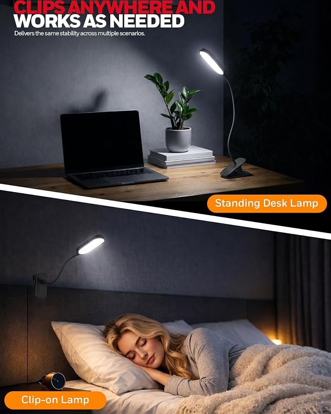 Honeywell Clip On Reading Light, Rechargeable Gooseneck CRI95 4000K Dimming | 2000mAh Battery,Touch Desk Lamp White Light Mode,Eye-Caring Study Lamp With Clamp for Bed/Headboard/Table/Dorm/Home Office