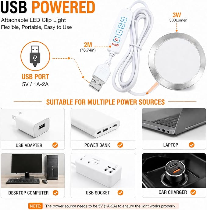 USB LED Puck Light, Dimmable 3 Color temperatures under cabinet (1Pack) | Dimmable, 3 Color Temperatures, Inline Switch, Lighting Setup Memory, Under Cabinet, USB DC 5V, 78.74in Long Cable