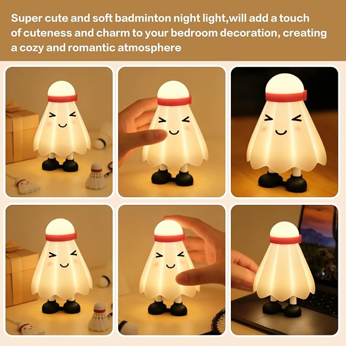 Cute Badminton Night Light - 30min Auto-Off Nursery Bedside Nightlight, 3 Adjustable Brightness Night Lamp for Bedroom, Birthday, Children’s Day, Valentine’s Day Gift for Her Girls Boys