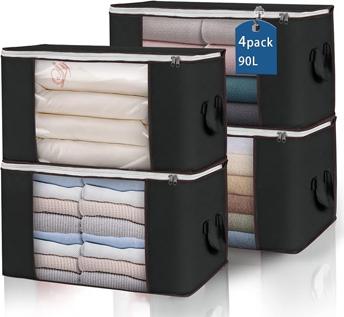 90L Large Storage Bags, 4 Pack Clothes Storage Bins Closet Organizers | Foldable Storage Containers, with Reinforced Handle, for Clothing, Blanket, Comforters, Bed Sheets, Pillows and Toys