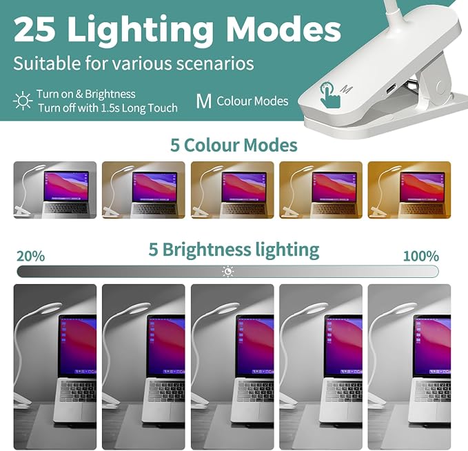 CUHIOY 2Pack Rechargeable Clip on Reading Light for Bed Headboard, White | 5 Colors 5 Brightness Bed Light, Battery Flexible Arm Table Lamp with Clamp, Flicker-Free LED Book Light at Night, Crafting