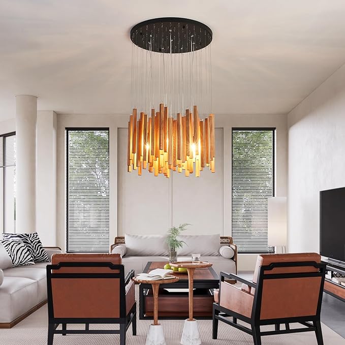 8 Light Farmhouse Wood High Ceiling Chandelier Rustic Large Ceiling Light Fixture Hanging Pendat Light for Dining Room Living Room Foyer Staircases Kitchen Island.