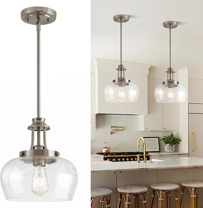 Modern Pendant Lights Kitchen Island, Brushed Nickel Pendant Light Fixtures with 10" Clear Air Bubble Glass Shade, Industrial Hanging Pendant Lights Fixture for Kitchen Island Dining Room Entryway