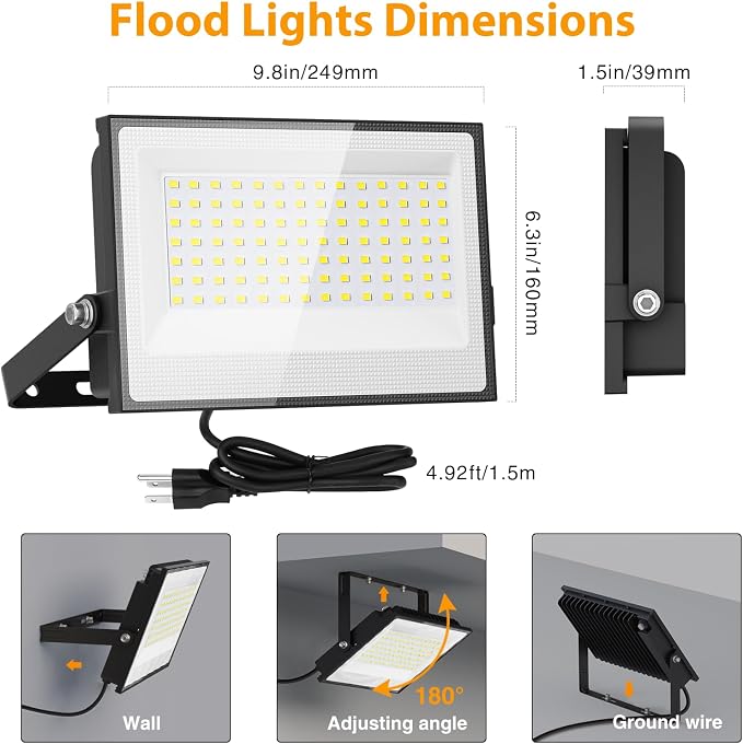 Onforu 120W Flood Lights Outdoor, 12000lm Bright LED Work Light with Plug,Daylight White LED Flood Lighting, IP66 Waterproof Security Yard Lights for Yard Garage Stadium 4 Pack