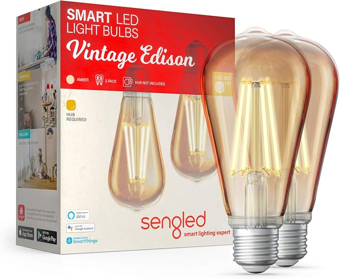 Sengled Zigbee Edison Bulb, Smart Hub Required, Work with SmartThings and Echo with Built-in Hub, Dimmable Filament ST19 LED Smart Vintage Edison Bulb, Voice Activated with Alexa, 2000K/60W Eqv. 2PK