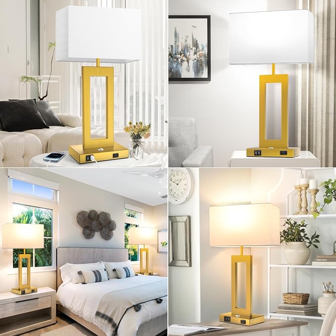 Table Lamps for Bedrooms Set of 2, 27.2’’ Super Tall Modern Gold Lamps for Living Room Nightstand End Tables, Button Touch Control Bedside Lamps with 2 USB Ports, 3 Color Temp. E26 Bulbs Included