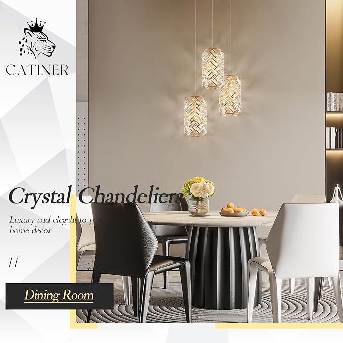 CATINER Gold Crystal Pendant Light, Mini Crystal Chandelier, Kitchen Island | Gold crystal pendant light with adjustable cord, E26 socket, dimmable, ideal for kitchen islands, bedrooms and bars
