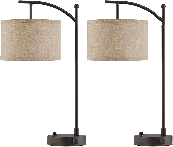 Table Lamp for Living Room Bedroom, 23.5" Table Lamps Set of 2 with USB C+A Ports, Bedside Lamps for Nightstand with Linen Lamp Shades, 2 Dimmable LED Bulbs Included, Brown