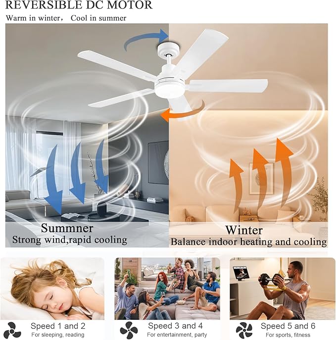 52 Inch Smart Ceiling Fan with Lights, Remote & App Control, DC Reversible Motor, 8 Speeds Quiet 35dB, 3CCT Dimmable LED, Low Profile Modern Ceiling Fans for Bedroom Living Room, White