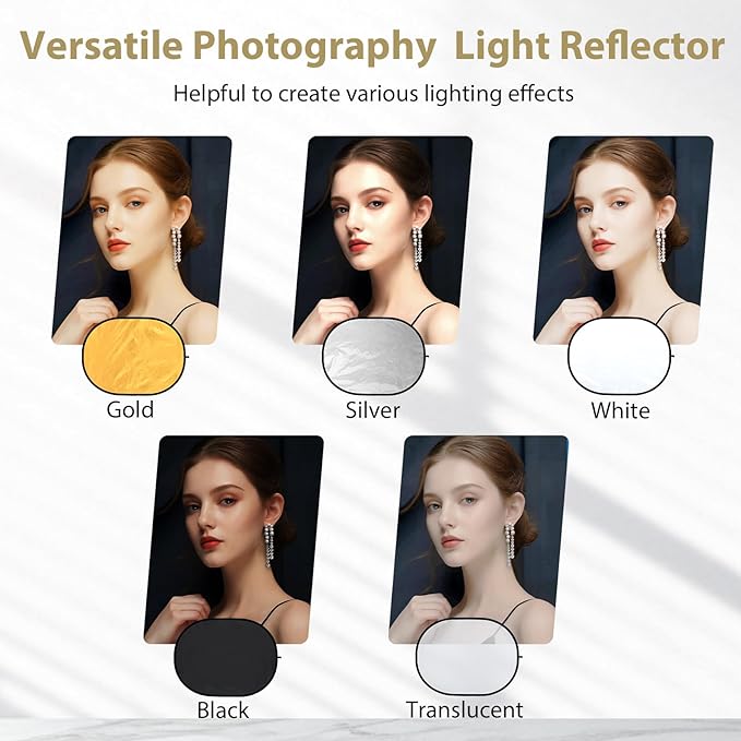 UTEBIT 35"x47"/90x120cm Photography Reflector with Stand & Clamp, 5-in-1 Oval Foldable Reflector with Carrying Bag,Translucent/Silver/Gold/White/Black Photography Reflector for Studio&Outdoor Lighting