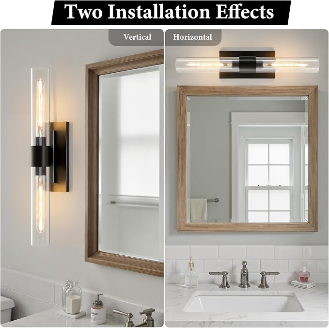 Black Brass Bathroom Wall Sconce: Set of 2 Modern Linear Matte Sconces | Clear Glass Tube Vanity Lights, Vertical or Horizontal Mounted Dimmable Lighting Fixtures for Indoor Living Room Hallway