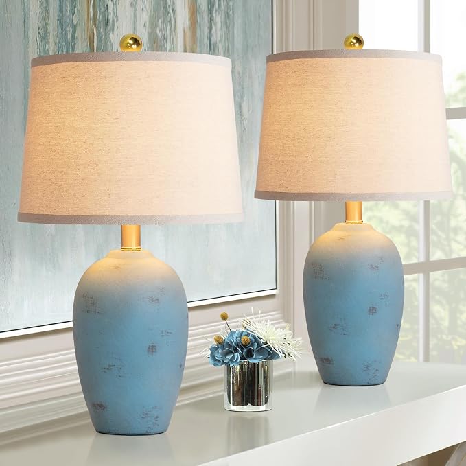 AIEAMPDO 21'' Set of 2 Coastal Small Ceramic Lamps for Bedroom | Traditional Nightstand Bedside Desk Table Lamp for Living Room Office Dorm, 2 Bulbs Included