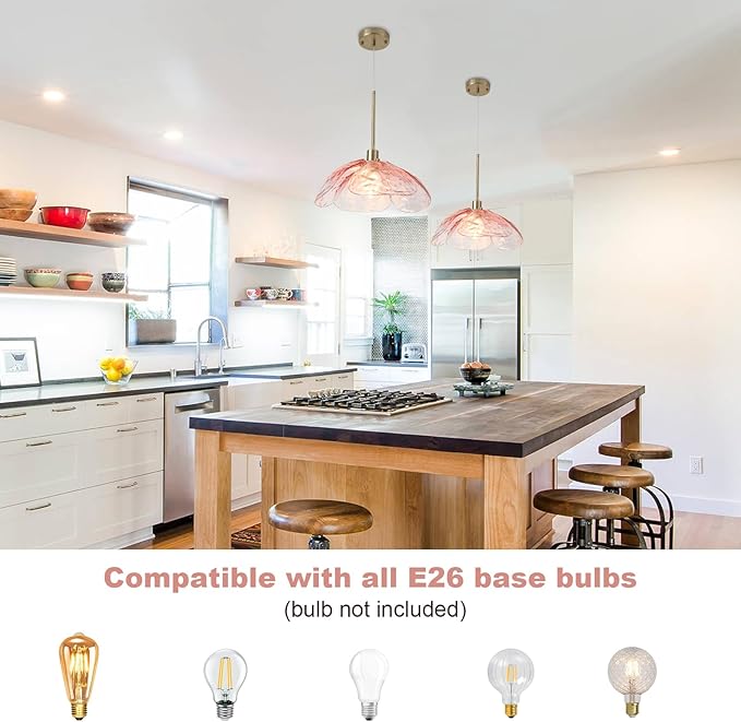 Pink Hammered Glass Pendant Light - 14" Large Vintage Pendant Light, Modern Industrial Farmhouse Hanging Lamp Ceiling Lighting Fixture for Island Dining Room Foyer Hallway Bar Cafe Kitchen Sink