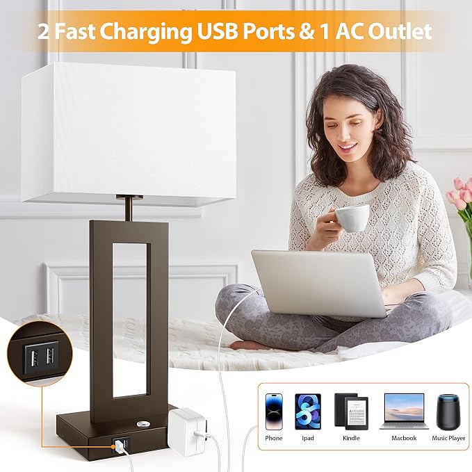 3 Color Temperatures Brown Table Lamps for Bedrooms Set of 2, 22’’ Touch Control Bedside Nightstand Lamps with 2 USB Ports & AC Outlet, Modern Lamp Sets for Living Room, Stepless Dimming, White Shade