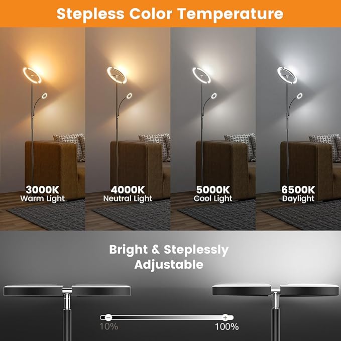 LED Floor Lamp for Living Room - Modern Standing Lamp with Reading Light, Remote Touch Control Floor Light Dimmable Mother-Daughter Tall Bedroom Lamp for Couch Office, 29W, Black