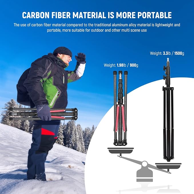 NEEWER Light Stand Carbon Fiber with 180° Reversible Legs, 1/4" to 3/8" Screw Adapter and Bag, 86.5"/220cm Portable Travel Tripod Stand for Outdoor Photography Speedlite Strobe Softbox, ST210R