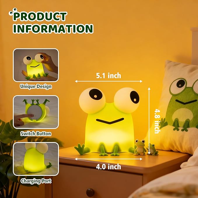 Frog Bedside Touch Night Light with Timer Dimmable 3 Brightness 7 Colors Small Cordless Table Lamp Warm Sleep Aid USB Rechargeable Portable Night Lamp for Nightstand Bedroom Living Room Home