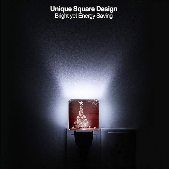 Winter Snowflake Pine Red Christmas Tree Wood Night Light Set of 2, Christmas Auto Sensor LED Dusk-to-Dawn Nightlights, Plug-in Sensor Lamp for Bedroom Bathroom Kitchen Hallway Stairs Decorative