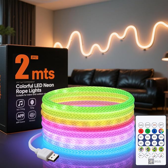 6.5ft Battery Powered neon Rope Lights, USB Portable Strip Light, Suitable for Decorating Parties, Halloween, terraces, Christmas Camping neon String Lights, Battery Powered noen Lights