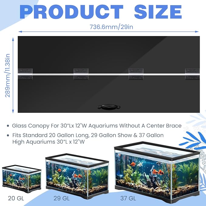 Sieral Aquarium Lids Polycarbonate Canopy with LED Light 29 x 11.38 x 0.12 Inch for 20/29/37 Gallon Without Center Brace Aquariums Cover Fish Tank Lid with a Hook Knife, Black