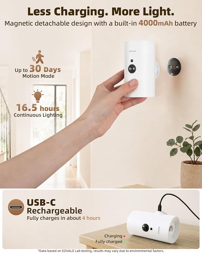 EZVALO Motion Sensor Wall Sconces, Battery Operated Wall Lights with 4000mAh Rechargeable Battery, 3 CCT & 12 RGB Remote LED Lights for Hallway, Stairway (White, 2 Pack)