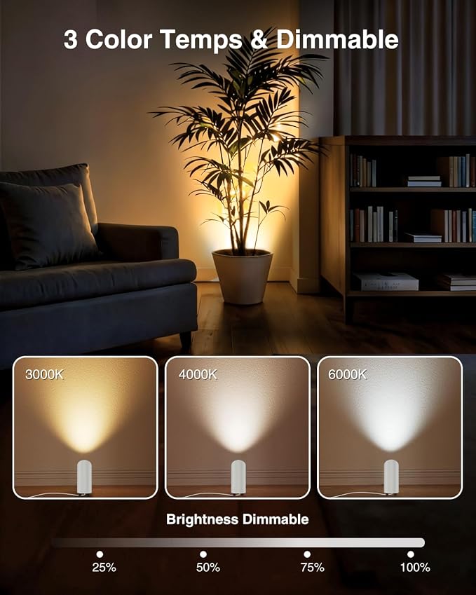 4 Pack Uplighting Indoor, 7W LED Floor Can Lights with Remote, 5.9ft Cord Plug-in Spotlight for Indoor Plants, Wall & Art, 3 Color Temps, Auto-Loop Timer, Memory Function, Non-replaceable Bulb