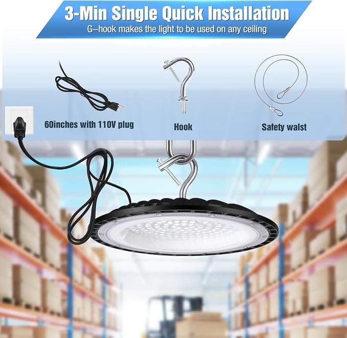 YANYCN 100W UFO Led High Bay Light Fixture,5000K Daylight Commercial Shop Bay Lighting,120v,15000LM,[450W MH/HPS Equiv.] US Plug Area Lighting for Garage/Warehouse/Barn/Gym/Factory/Workshop