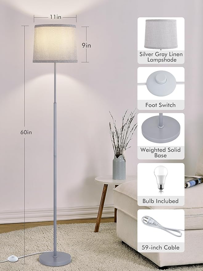 60" Modern Floor Lamp for Living Room Bedroom, Standing Lamp with Oatmeal Linen Lampshade, Tall Lamp with A19 9W 3 Color Temperature Bulb, Foot Switch Control, Silver