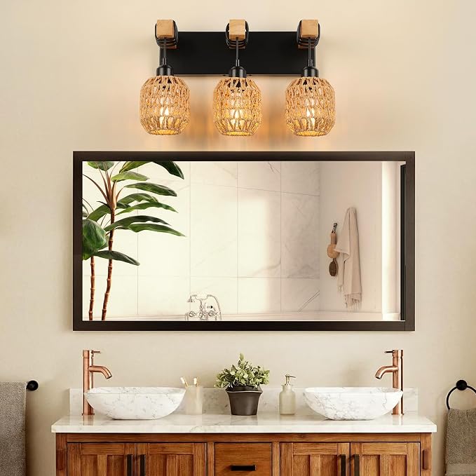 foucasal Bathroom Vanity Light Fixtures, 3-Light Farmhouse Bathroom Light | Light Fixtures Over Mirror, Rustic Boho Wood Sconces Wall Lighting with Woven Lampshade for Living Room, Bedroom, Hallway