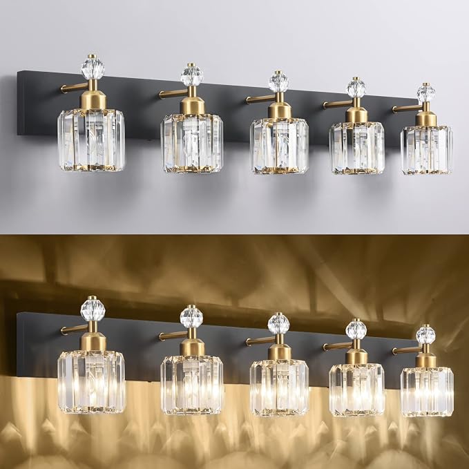PRESDE 5-Light Crystal Bathroom Vanity Light, Modern Black and Gold Wall Sconce ， Wall Lamp for Over Mirror Bedroom Hallway