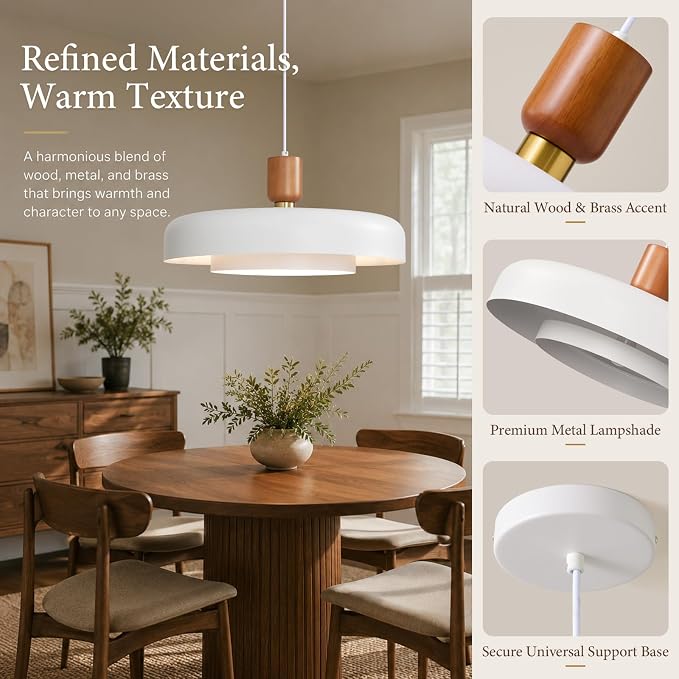 Mid Century White Pendant Light: 20" 2-Tiered Modern Nordic Metal Lighting | Wood Brass Iron Hanging Ceiling Light, Kitchen Pendant Lighting Over Island, Dining Room Bedroom Hallway Entryway Chandelier