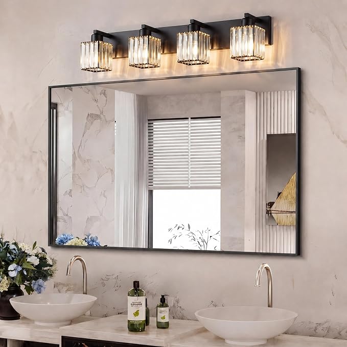 Modern Bathroom Vanity Light, 4-Light K9 Crystal Bathroom Lighting Fixtures Over Mirror, Black Vanity Light with Square Shade