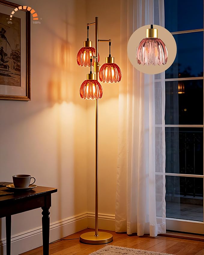 Lightdot 65'' Glass Floor Lamp Dimmable Gold with Deep Red Lotus Glass Shade & 3000K Bulbs Included 3-Lights Modern Tall Standing Lamp with 5Lbs Heavy Base for Living Room/Bedroom/Sofa/Corner Decor