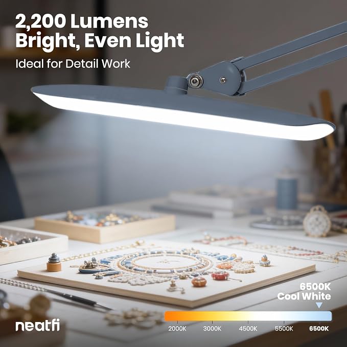 Neatfi XL 2200 Lumens 24W LED Desk Lamp – Shadow-Free Task Lighting | 4-Level Dimming | Home Office & Crafts Use | 20-Inch Wide Head (Gray, Non-CCT with Clamp)