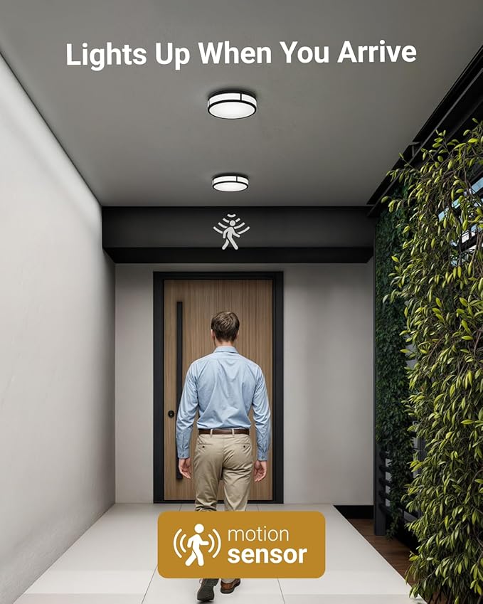 Sunco Motion Sensor LED Ceiling Light, Motion Activated Flush Mount Lighting Fixture, Dusk to Dawn Feature, 12 Inch, 20W, 1500 LM, Selectable CCT 2700K/3000K/4000K/5000K/6000K, Damp Rated, ETL