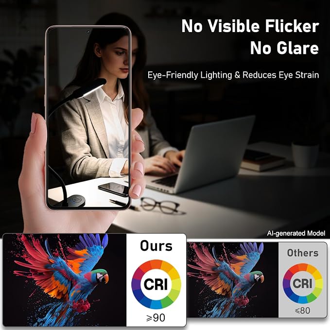 Clip on Light, Desk Lamp with Clamp for Bed, Home Office, Craft (Black) | Cordless LED Reading Light with 3500mAh Rechargeable Battery, 3 Color Modes, 10 Brightness Levels, 14-inch Adjustable Neck