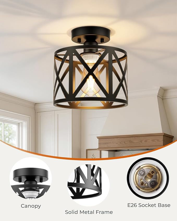 Farmhouse Semi Flush Mount Ceiling Light Fixture E26 Metal Cage Industrial Ceiling Lighting for Kitchen, Bedroom, Foyer, Entryway, Laundry Room, Dining Room, Hallway 8 Inch Black