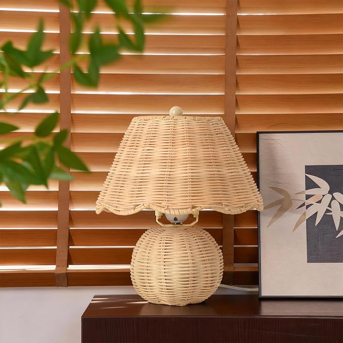 Rattan Small Bedside Mini Table Lamp for Bedroom,Boho Bedroom Lamps for Nightstand, Wicker Mini Table Lamps for Small Spaces with Scalloped Shade for Kitchen Counter, Bookshelf, Kids Dorm, Office