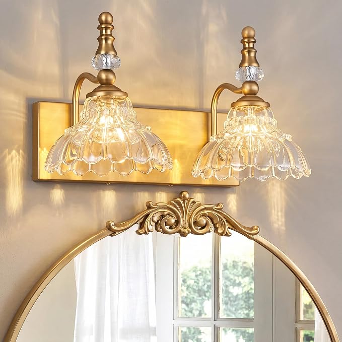 Vintage Bathroom Vanity Light, 2-Light Brass Vanity Lighting Fixture with Flower Glass Shade, Bathroom Lighting Fixtures Over Mirror