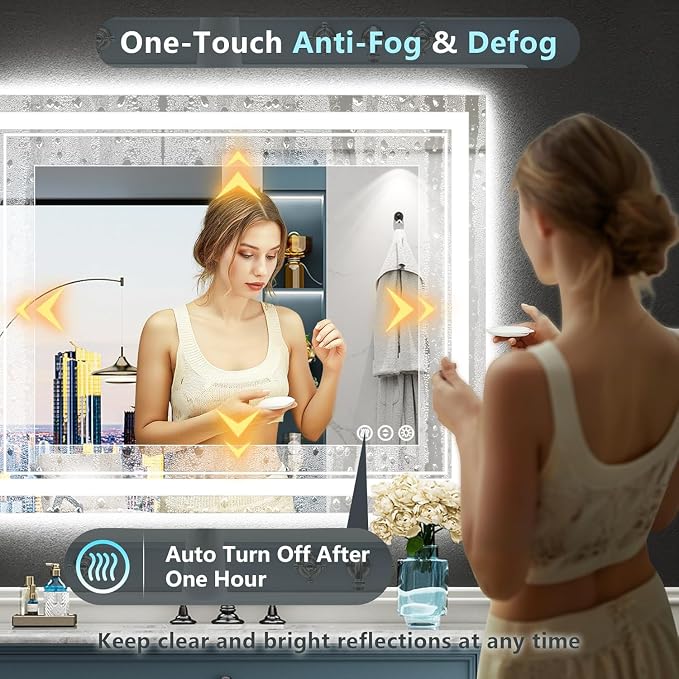 32x36 LED Bathroom Mirror, Backlit & Front Lit Lighted Mirror | Anti-Fog Vanity Mirror with Lights, 3 Color Dimmable, Memory, HD Tempered Glass, CRI95, IP54, UL Listed, Horizontal/Vertical